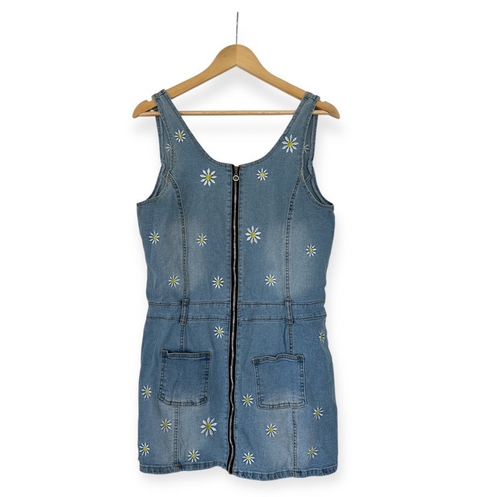 Y2K‎ Denim Embroidered Daisy Mini Dress Zip Up Front ONE ABOVE ANOTHER Size 12